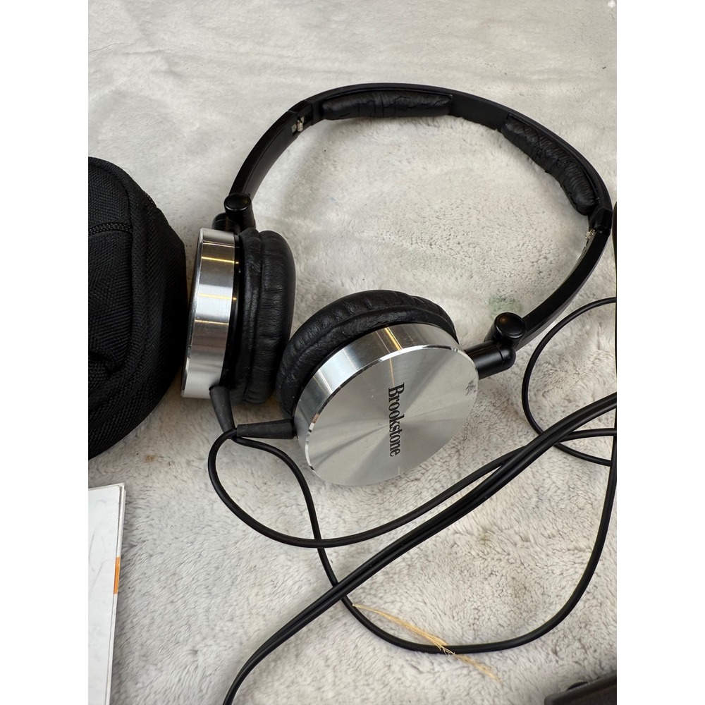 Brookstone Noise Cancelling Compact Headphones Silver Black Foldable Case Wired